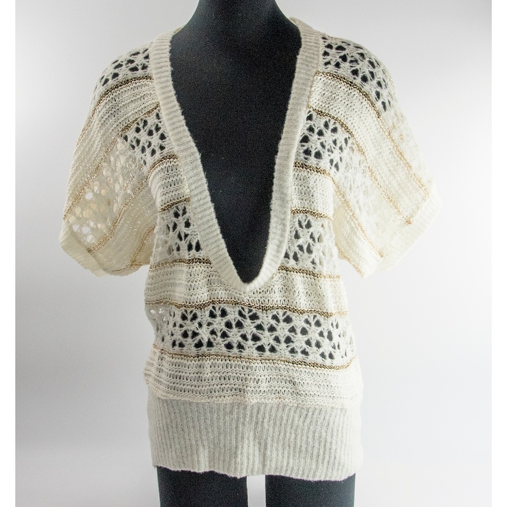 Desigual Gold Cream Open Knit Plunge Sweater L